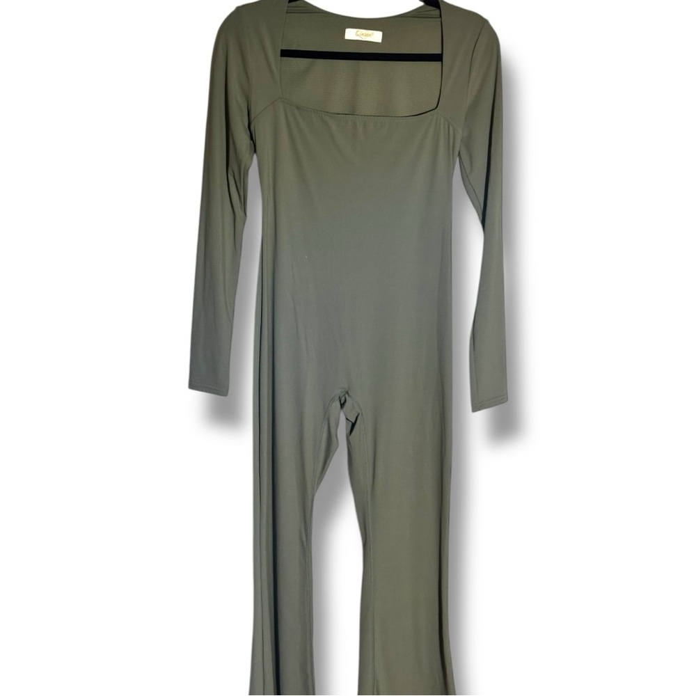 Qinsen Chic Olive Green Square Neck Flared Leg Long Sleeve Bodycon Jumpsuit - Picture 13 of 16